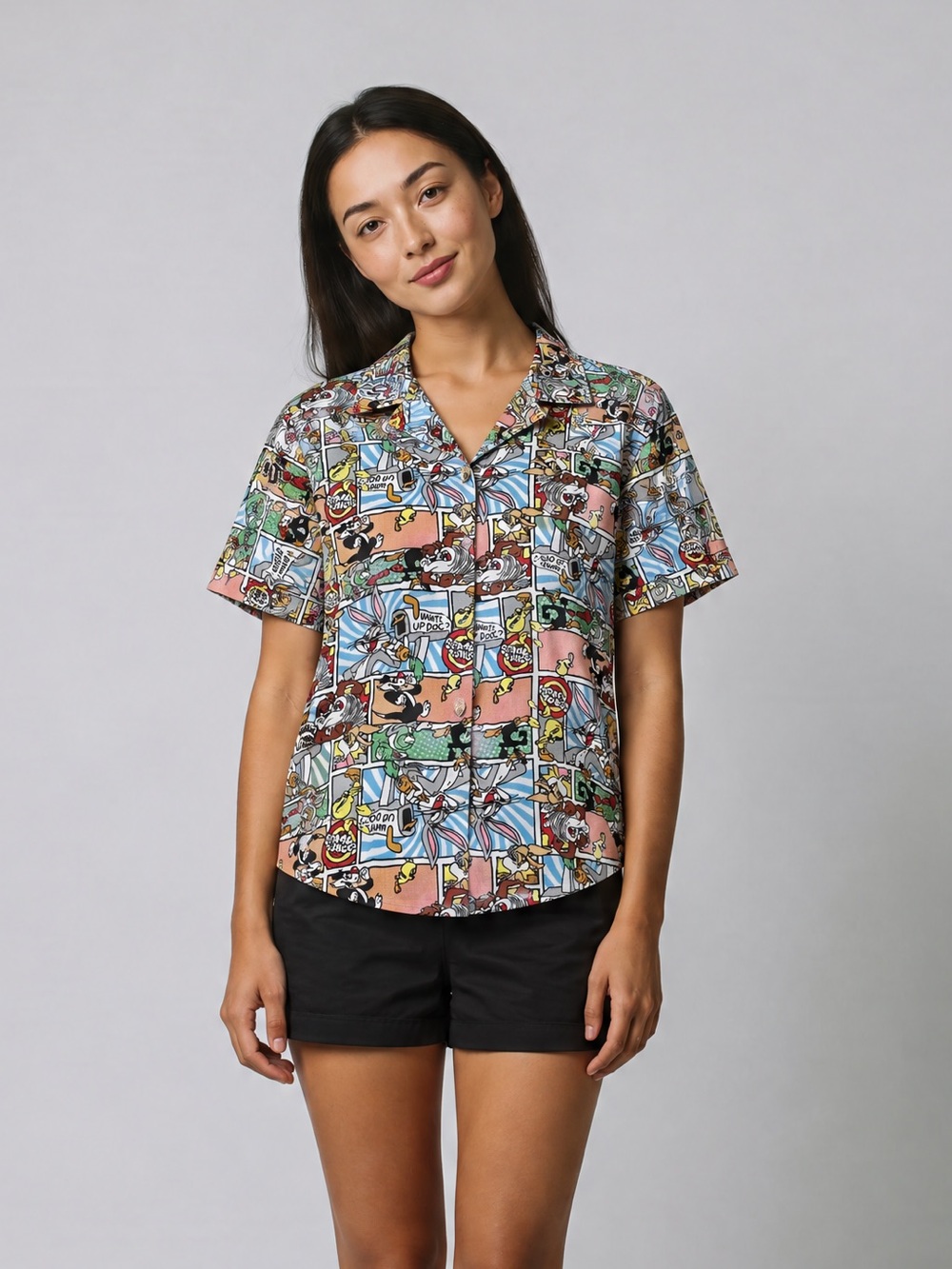 Looney Tunes All Over Comic Print Rayon Button Up Shirt L